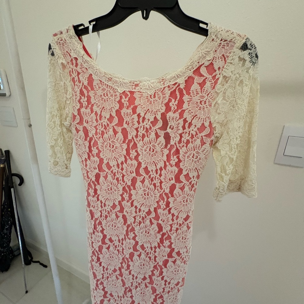Lace Overlay Dress in Cream and Pink